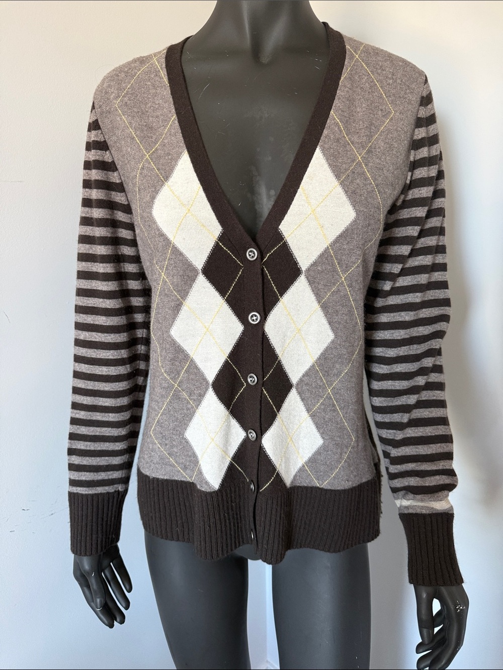 218. RO•ZU lambswool angora cashmere Argyle Button-Front Sweater Cardigan SZ 46